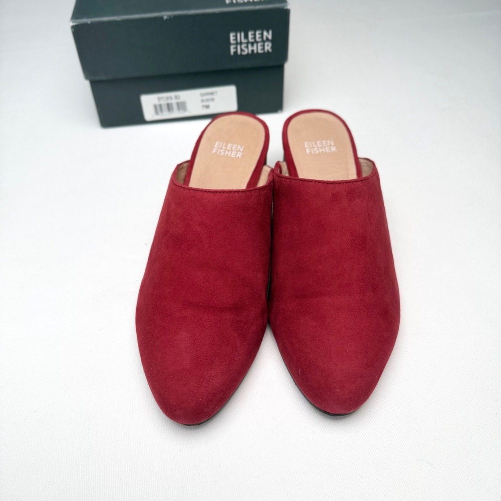 Eileen Fisher Sylvia Suede Mules Garnet Red 7M Capsule Career Luxury Chic - Picture 11 of 11